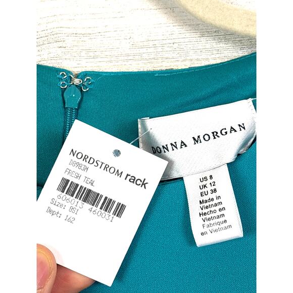 Donna Morgan Women’s 8 Blue Bell Sleeve Bow Midi Short Sleeve Cocktail Dress NWT - Picture 5 of 7